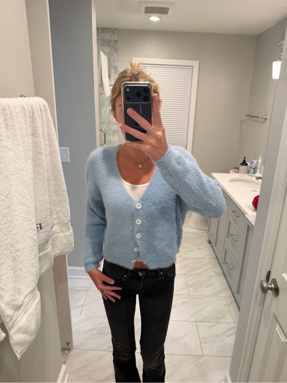 Lovers + Friends Pale Blue Fuzzy V-Neck Button Cardigan